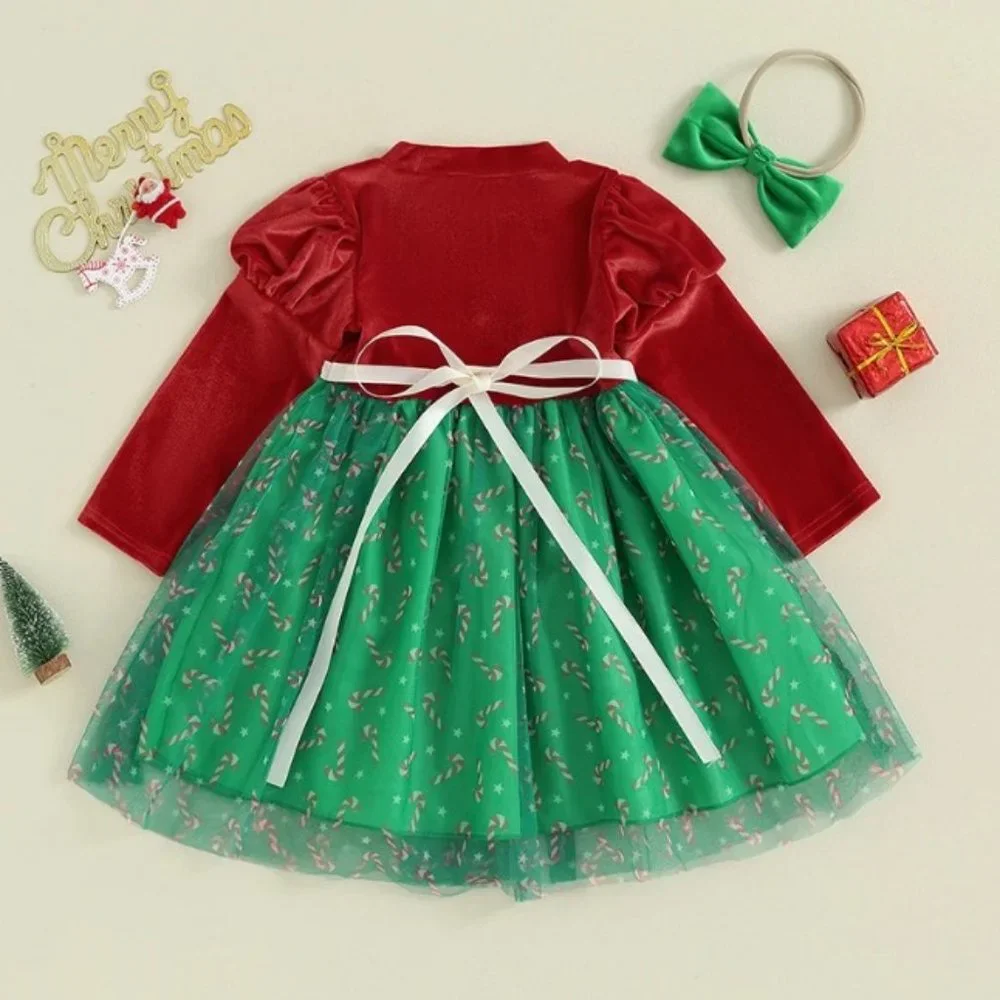 Christmas Girls Candy Cane Long Sleeve Velour Dress and Headband